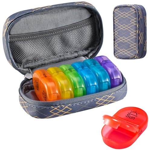 Image of Serfeymi Weekly Travel Pill Organizer 2 Times A Day AM PM Upgraded Rainbow Pill Box 7 Day with Portable Zipper PU Leather Pill Case, Medicine Organizer for Pills, Vitamins, Fish Oils - Lines 01
