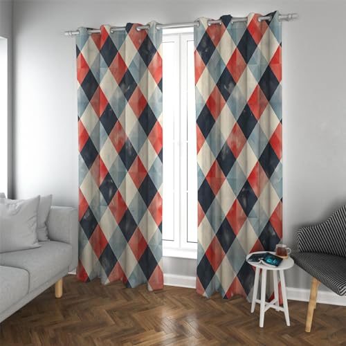 YUNART Rot und Blau Karierte Vorhänge Vintage Geometrisches Muster Öse Vorhänge für Wohnzimmer Schlafzimmer Abstrakte Fensterbehandlungen 2 Panel 2X W152xL183cm
