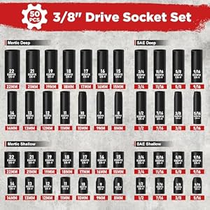 EGOFIX 3/8" Drive Impact Socket Set, 50 Piece Standard SAE (5/16 to 3/4 inch) and Metric (8-22mm) 6 Point, with Adjustable Ratchet Handle, Extension Bars, Impact Universal Joint, Adapter, Cr-V Steel — photo 2 of 6