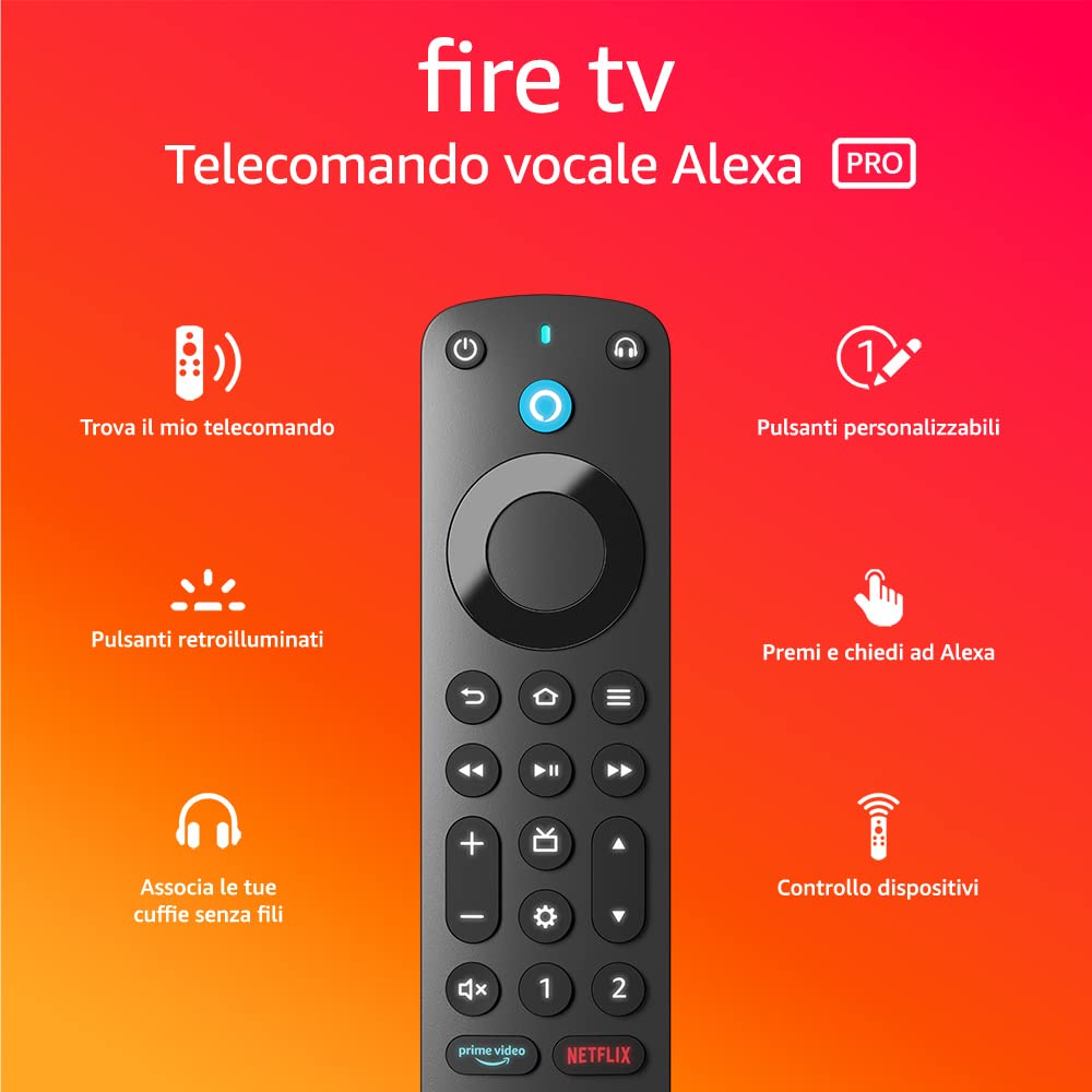 Telecomando vocale Alexa Pro per Fire TV, realizzato da Amazon, con funzione Trova il mio telecomando, comandi per la TV e pulsanti retroilluminati (è necessario un dispositivo Fire TV compatibile)