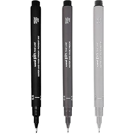 Uni Pin Fineliner Drawing Pen - 0.5mm Nib - Black, Dark Grey & Light ...