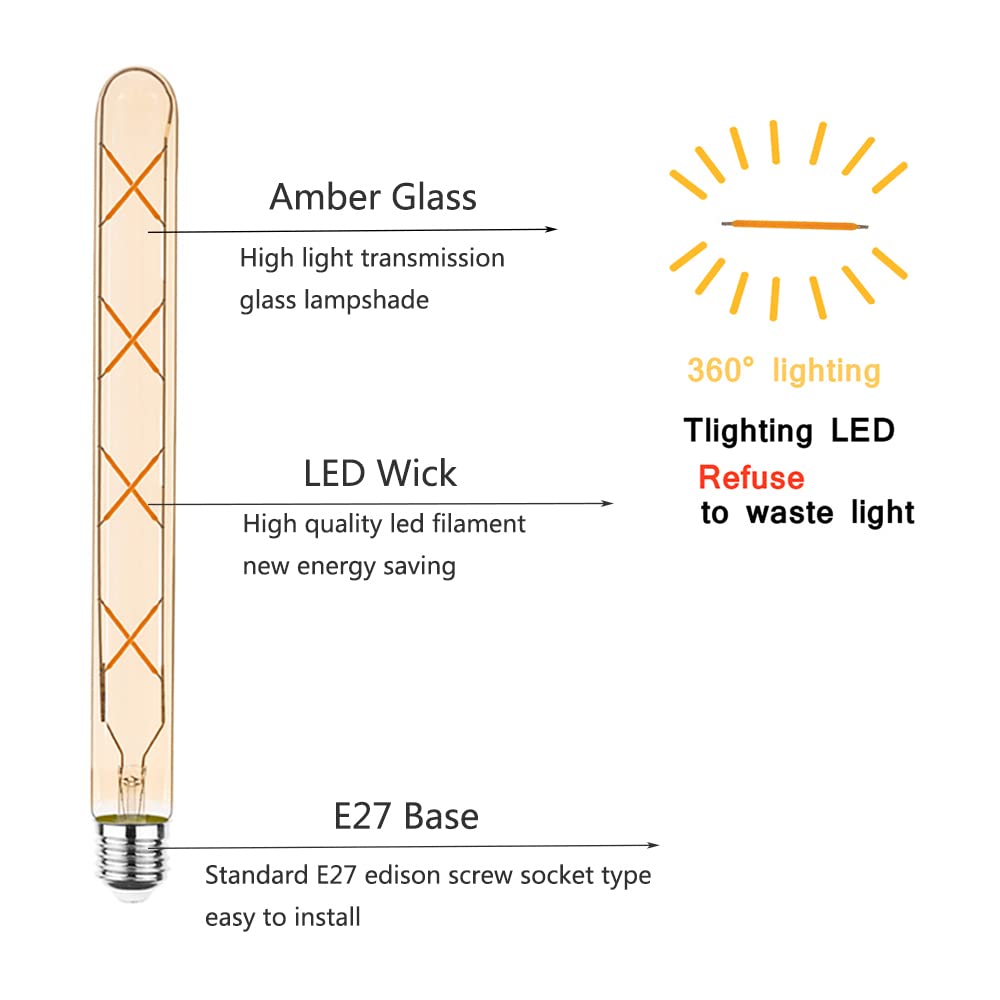 E27 T30-300mm Bombillas LED Edison Vintage 8W(Equivalente Bombilla Halógena 70W)700LM Blanco Cálido 2700K No Regulable E27 Tubos Retro de Vidrio Ámbar,10 Paquetes