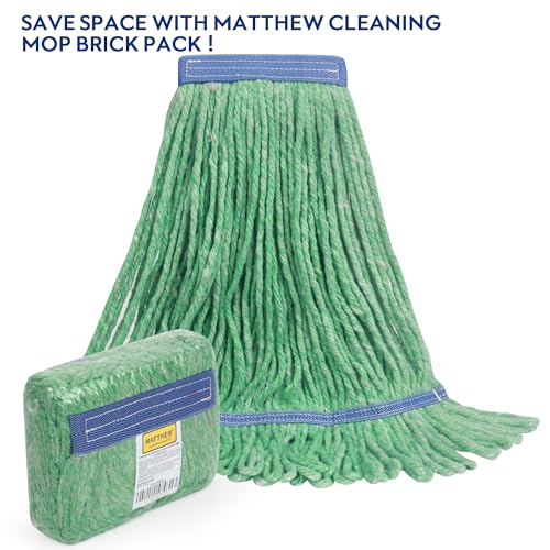 Image of Matthew Cleaning Heavy Duty Mop Head Commercial Replacement for General and Floor Cleaning , Wet Industrial Blue Cotton Looped End String Head Refill (Pack of 12) Green