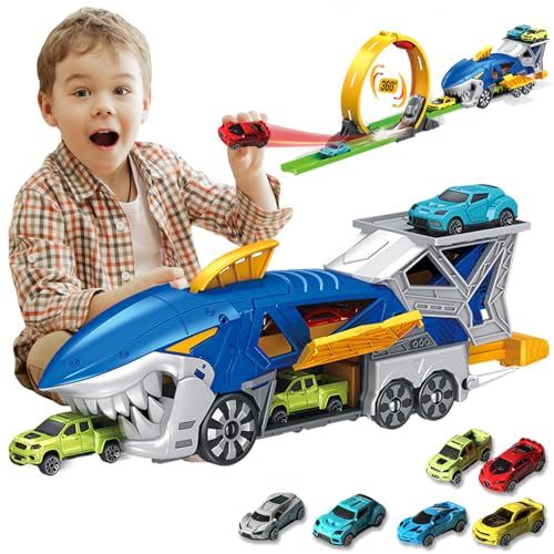 Frontoytall Shark Racing Car Playset with Carrier Truck, Loop Track & Launcher – 6 x 1:64 Scale Race Vehicles, STEM Toys for Kids 3-12, Quick Assemble, Durable ABS Plastic (ASTM Certified)