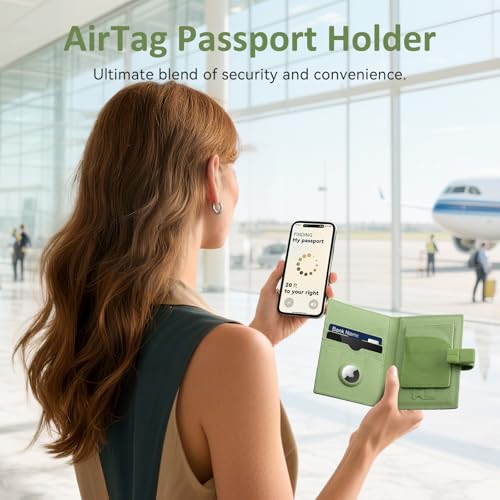 Full Grain Leather Passport Holder for Travel Women Men Passport Wallet with Airtag Slot RFID Blocking Travel Essentials Passport Cover Case Green3