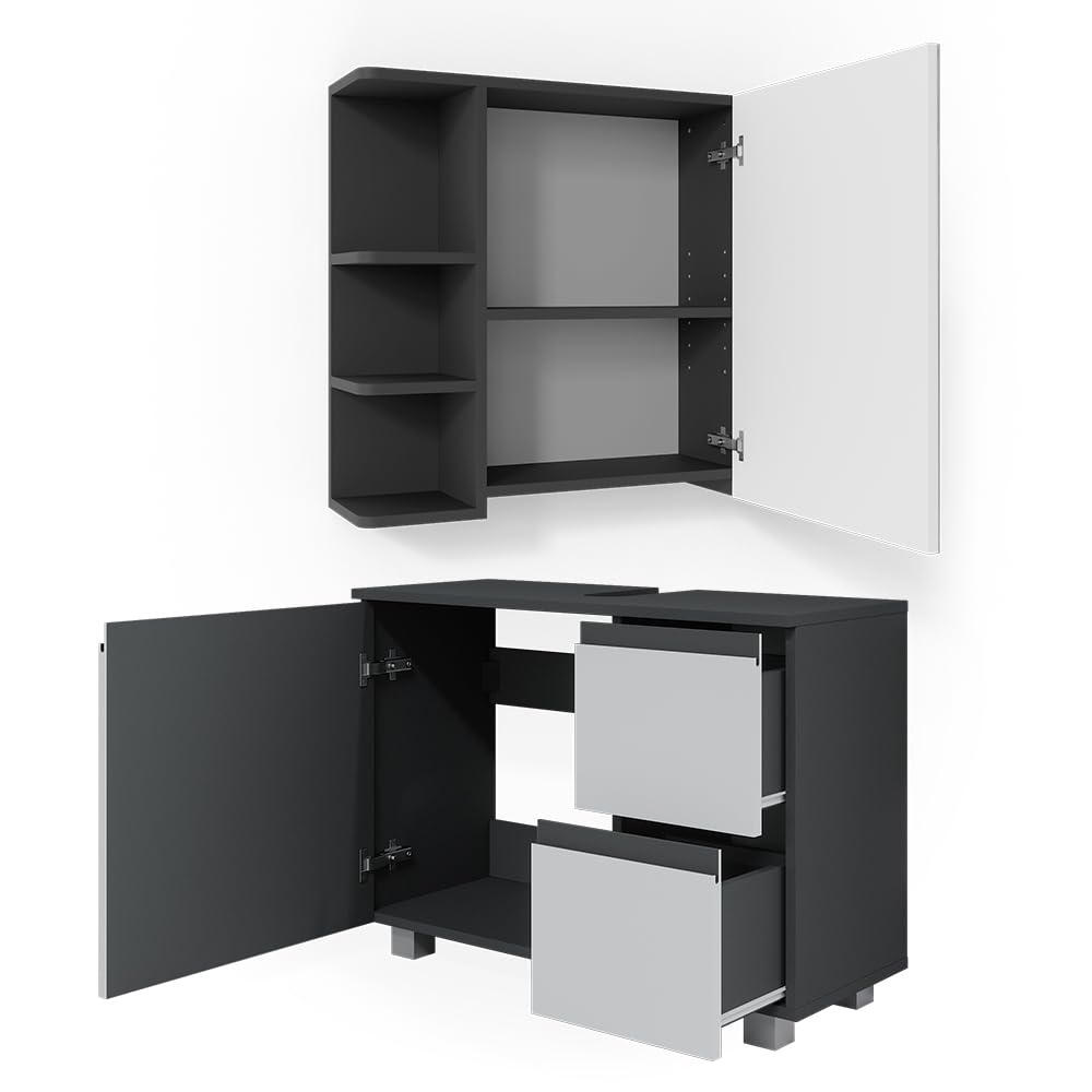 Ensemble Meuble Salle De Bain Vicco J-shape, Anthracite/chêne, 4 Pièces, Neuf