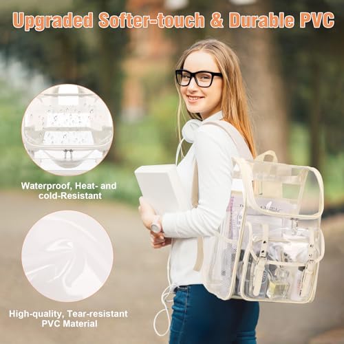 Image of DIGOBAY Clear Backpack with Lunch Bag, Leather Clear Bookbag Heavy Duty | Thick PVC Clear Backpack for Girls Women See Through Transparent Backpacks for Stadium Events College Travel Work, Beige