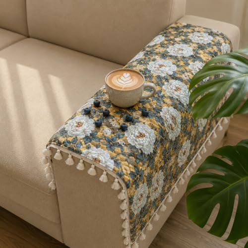 Image of Homerz Premium Printed Quilted Velvet Sofa Slip Cover Protector with Tassels, Sofa Mat, Exact Size, Antislip Cover (Antique Garden, 2 pc Armrest, Armrest)