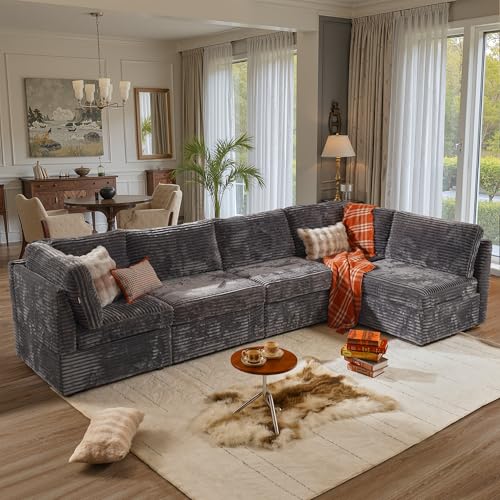 Image of ovios Modular Sectional Sofa Couch with U-Shape Chaise Oversized, Comfy Plush Corduroy Cloud Couches, Modern Luxury Deep Seat Sofas Set for Living Room, 5-Seater, Grey