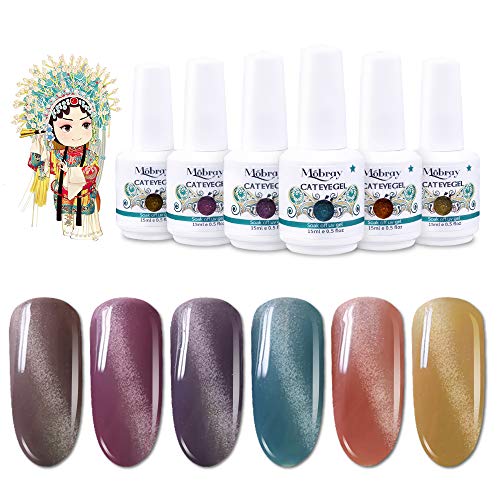 Mobray Cat Eye UV Gel Nail Polish Set, Soak Off Gel Polish Nail Art Gift Box Beauty and Nail Care Products Nail Art Kit 6 Colors Gel Nail Polish Kit 15ml Pure Color UV LED Nail Light Lamp (Kit 6)