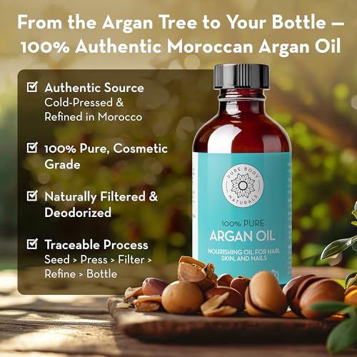 Image of Pure Body Naturals Argan Oil for Skin and Face - 4 fl oz Cold Pressed, Light, Non-Greasy, Nourishing Pure Argan Oil for Hair - Aceite de Argan