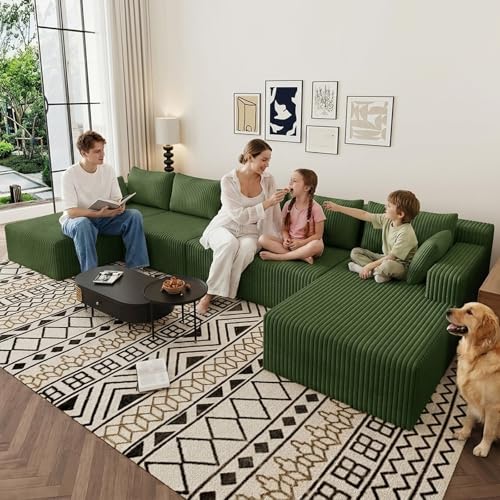 Image of 160 inch U-Shape Cloud Couch, Modern Modular Sectional U-Shape Sofa, Corduroy Boneless Couch Upholstered Couches Deep Seat Sleeper Chaise Longue for Living Room, No Assembly Required,Green