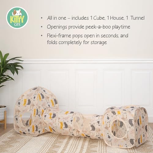 Image of Kitty City Light Pink Cat-Themed Cat Play Furniture Set, Collapsible Pop-Up Cat Toys Combo with Cube, Tunnel & House, Indoor Kitty Playground for Play, Hiding & Lounging