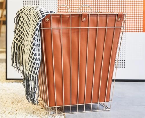 Panier à linge en cuir avec support en métal et poignées de rangement - 5