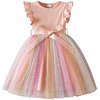 JiAmy Girls' Dresses Ribbed Knit Tulle Dresses Sequin Flying Sleeves Rainbow Kids Dress with Belt for 2-3 Years, Pink