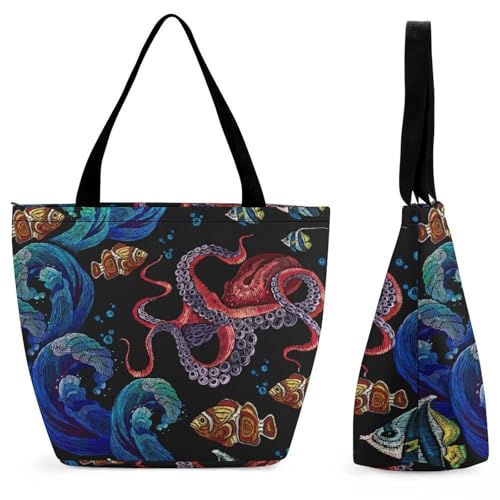 Sac de shopping pour voyage Poulpe Noir grand sac à main à bandoulière femme