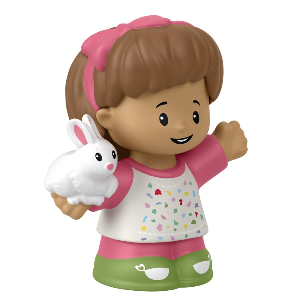 Little People Fisher-Price Figur für Kleinkind-Puppenhaus-Spielset HXC05 – Little Girl Mia Figur mit braunen Haaren und rosa Haarschleife – hält ein weißes Häschen Kaninchen