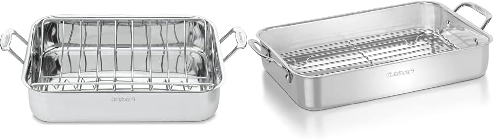 Cuisinart 16-Inch Roaster, Chefs Classic Rectangular Roaster & 7117-14RR 14-Inch Chefs-Classic Cookware-Collection, Lasagna Pan w/Stainless Roasting Rack, Stainless Steel