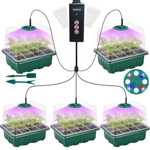Seed Starter Tray Kit with Grow Light(2025 Upgrade 8 Full-Spectrum LED, Timer, Dimming, Higher Humidity Dome) 5 Pack Seedling Sprouting Trays Indoor Gardening Gifts Supplies Greenhouse Germination Kit