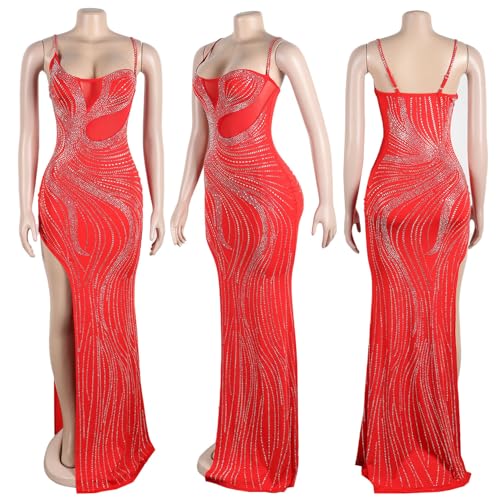 Image of Jigfar Women Sexy Elegant Rhinestone Mesh See Through Party Club Night Split Bodycon Formal Maxi Dress