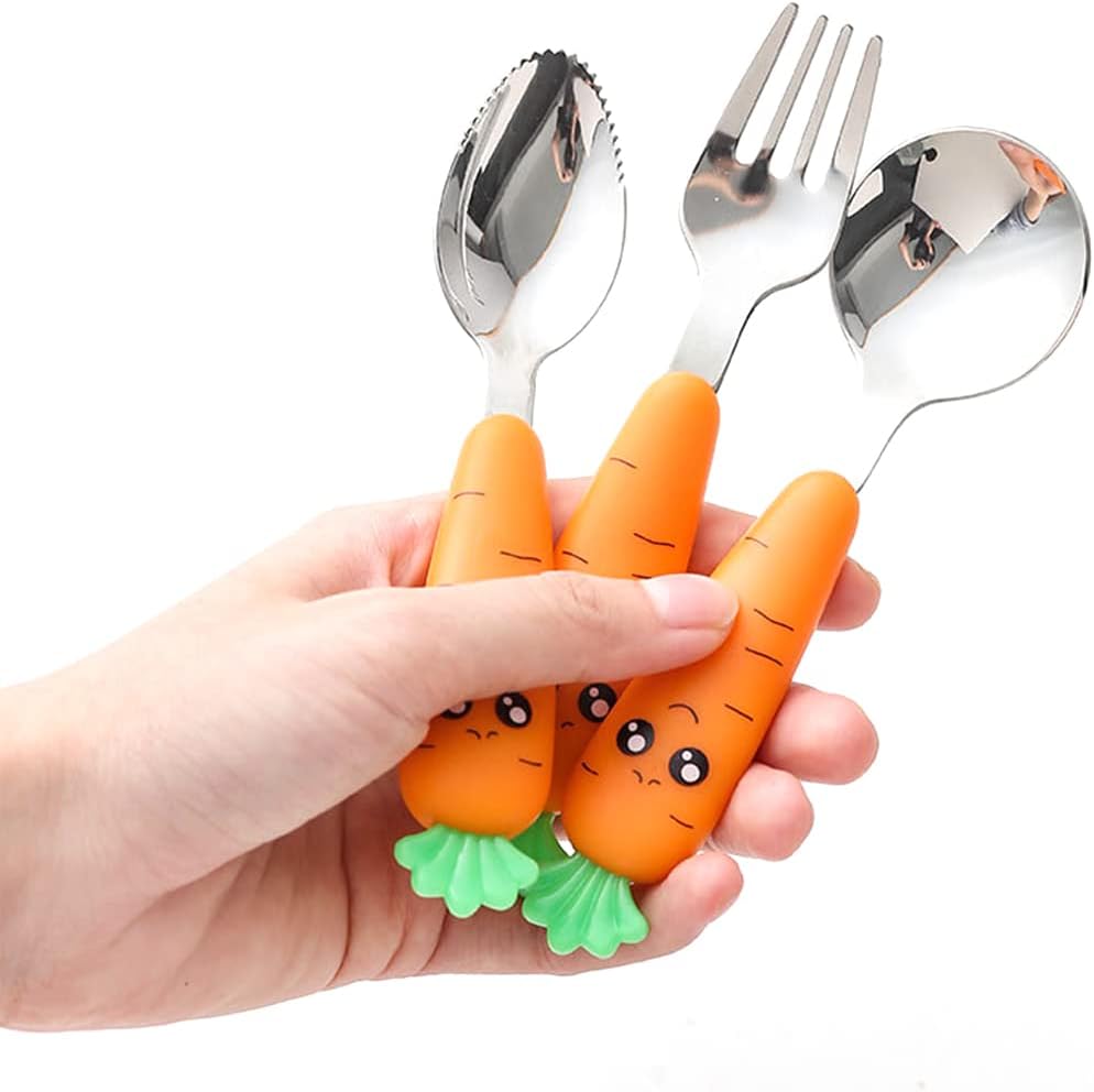 Travel Cutlery Set Baby, 3 PCS Toddler Utensils, Kids Spoon And Fork Self-Feeding, Carrot Child Flatware Sets, Stainless Steel Fun Baby Silverware, Complementary Food Weaning