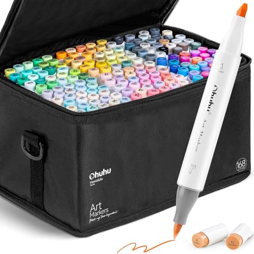 Ohuhu 168 Colour Brush Colouring Markers Set, Dual Tip, Brush & Chisel Sketch Marker for Artist, Students, Brush Markers for Sketching, Colouring, Calligraphy, Drawing and Illustration Markers