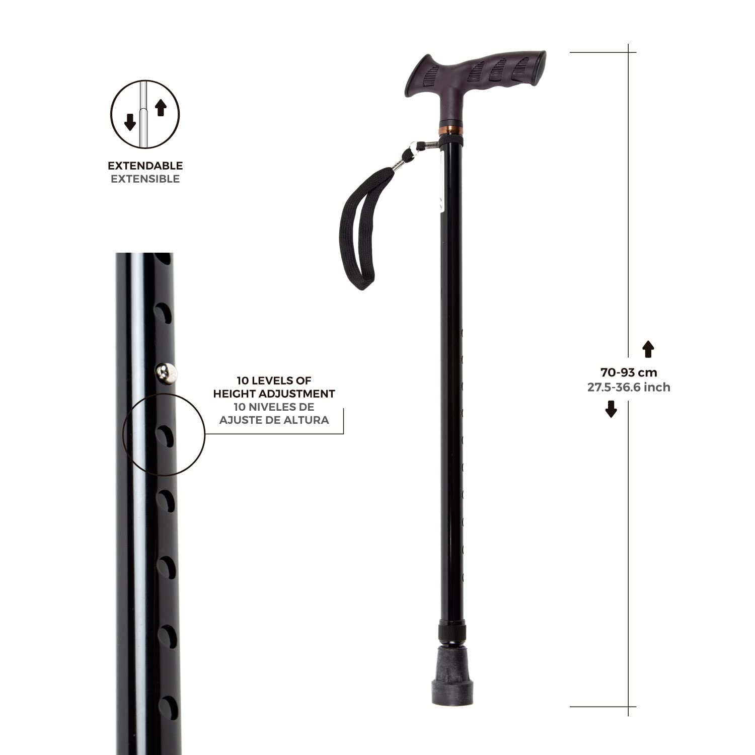Bastone per Anziani Regolabile in Altezza in Alluminio – Impugnatura Anatomica Ambidestra con Cinturino da Polso – Nero