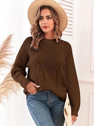 Image of ZAFUL Womens Sweater Cable Knit Oversized Sweaters Crewneck Long Sleeves Casual Knit Pullover Tops