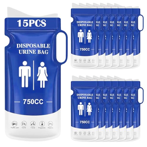 KOMABLEN 15 Piezas Bolsas de Orina Portátiles, 750ml Desechables Orinal Adulto, Urinario Portatil WC Portatil Hombre como a Mujeres Bolsa de Vómito para Acampar, Viajar, Atascos de Tráfico