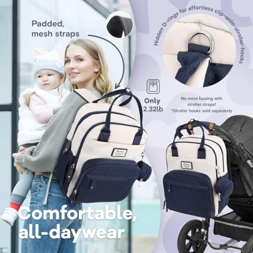 Image of RUVALINO Diaper Bag Backpack-Multifunction Baby Travel Bag with Changing pad, Insulated Bottle Holders & Pacifier Case, Large Capacity, Waterproof, Cream & Blue