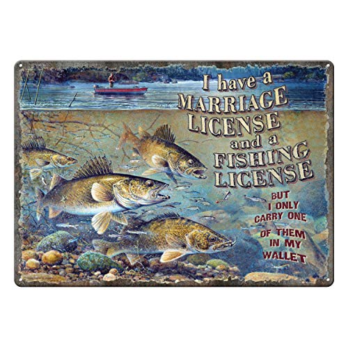 River's Edge Products Tin Sign, Marriage and Fishing License, Weatherproof with Pre-Punched Holes for Hanging, 12 by 17 Inches