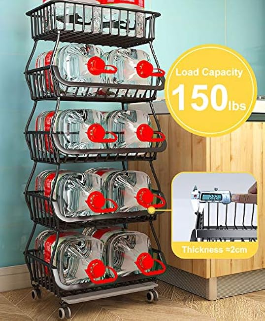 5 Tier Fruit Basket for Kitchen Storage with Wooden Table Top, Stackable Metal Wire Organizer Baskets Fruit Vegetable Storage Bin Rack for Kitchen, Pantry, Bathroom, Garage (5 Tier Baskets)-tYAwH8II