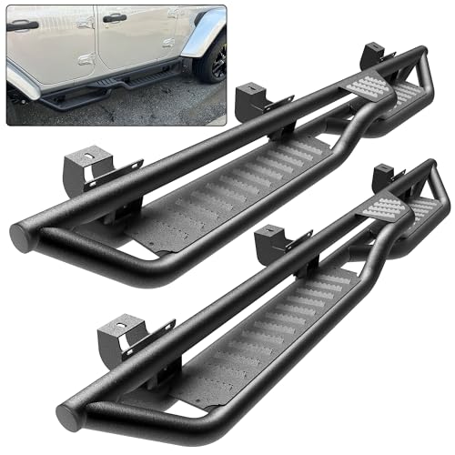 Peforway Running Boards for Jeep Wrangler JK 4 Doors 2007-2018, Double Stairs 5 Inches Width Heavy-Duty Steel Off Road Rock Sliders Rocker Guards Side Steps Anti-Slip Textured Black