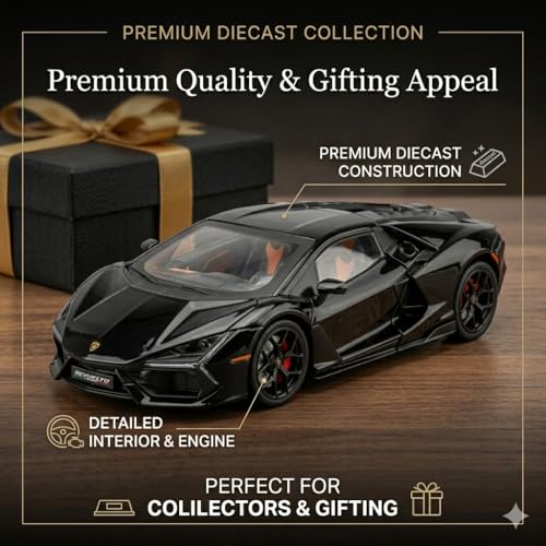 Image of Lamborghini Revuelto 1:24 Scale Die-Cast Car Model Black - Scissor Doors Sound Light Pull-Back Alloy Metal Collectible Toy Car for Kids Collectors