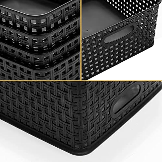 Plastic Storage Baskets for Organizing,11.42X9X4.7,Pack of 4 (Black)