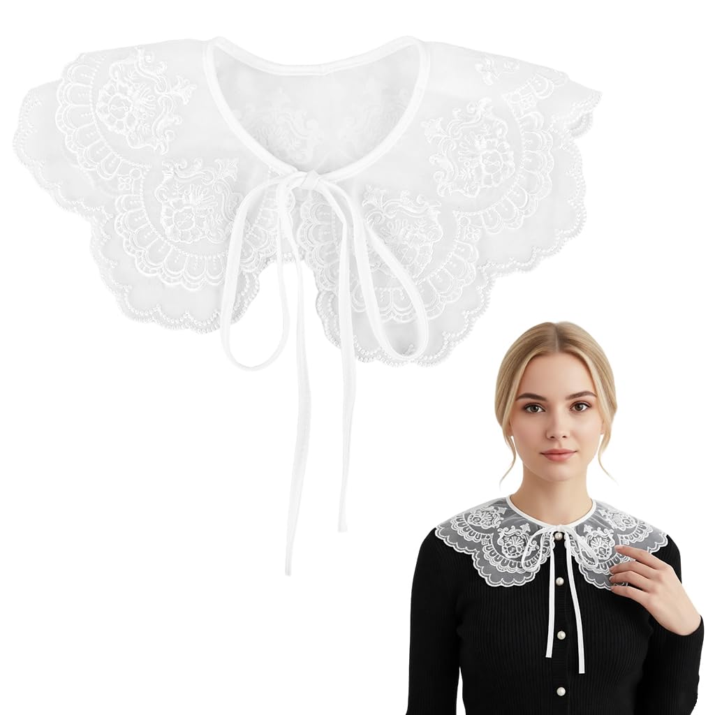 zibuyu ZIBUYU® Lace Detachable Fake Collar Women Shirt Stylish Extender for Women, Vintage Embroidered Scalloped Neckline, Organza Peter Pan Collar with Ribbon Tie, Accessory for Dresses Blouses Sweaters-picture-16