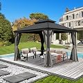 SHPAI 10’ x 12’ Outdoor Hardtop Gazebo with Gutters, Double Roof Galvanized Metal Gazebo for Backyard, Patio, Deck, Hot Tub, Heavy Duty Canopy Permanent Pavilion with Curtains and Netting, Grey