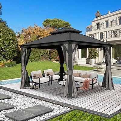 SHPAI 10’ x 12’ Outdoor Hardtop Gazebo with Gutters, Double Roof Galvanized Metal Gazebo for Backyard, Patio, Deck, Hot Tub, Heavy Duty Canopy Permanent Pavilion with Curtains and Netting, Grey