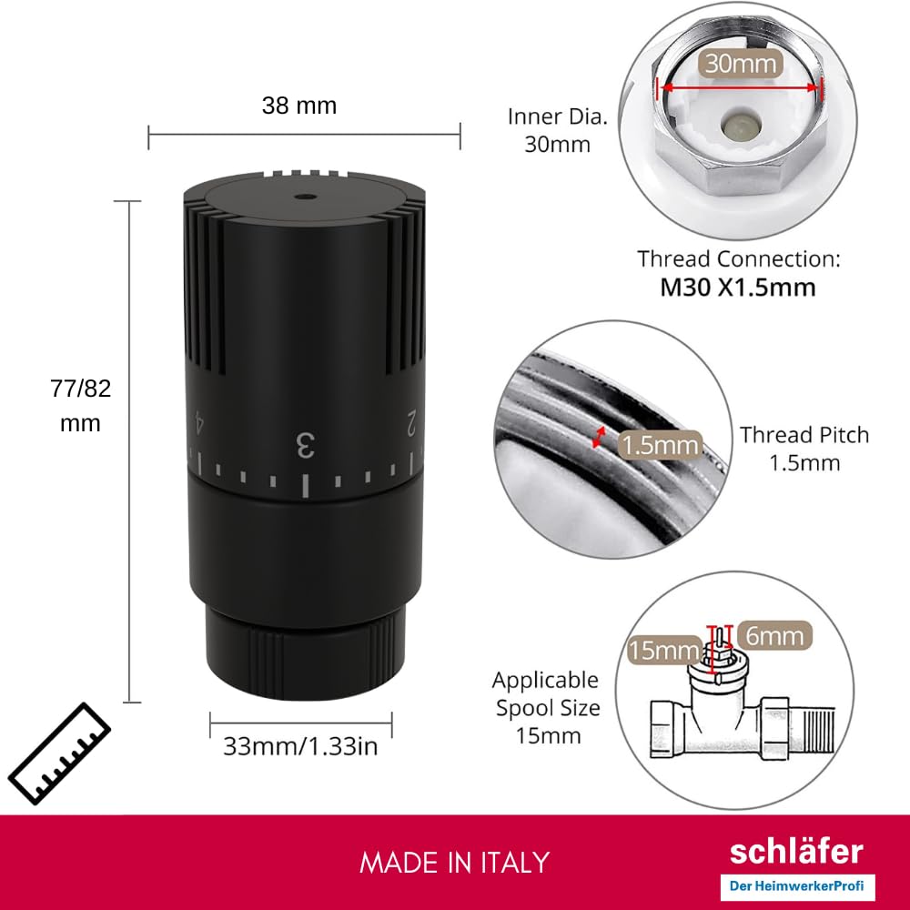 Schläfer 37040300 | Valvola Design Termostatica Nero Opaco per Termosifoni, Testina di Comando per Radiatore Sensibile a liquido, Manopola con Regolazione intervallo Temperatura, Attacco M30x1,5