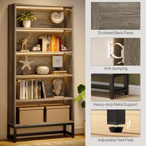 Image of Tribesigns Tall Bookcase Bookshelf, 70.8 inch Large Bookcases Organizer with LED Lights, Heavy Duty Free-Standing Library Bookshelf with 5-Tier Storage Shelves for Living Room, Bedroom (Gray)