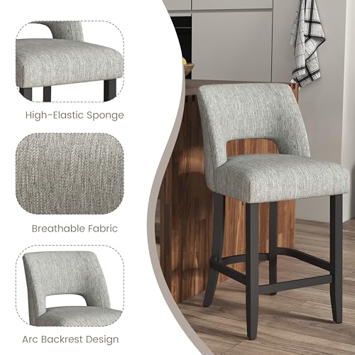 Image of VKNOW Bar Stools Set of 6, 26 inch Upholstered Counter Height Bar Stools | Modern Counter Stools with Black Rubberwood Legs for Kitchen Island Dining Room Bar, Light Grey-Black Legs