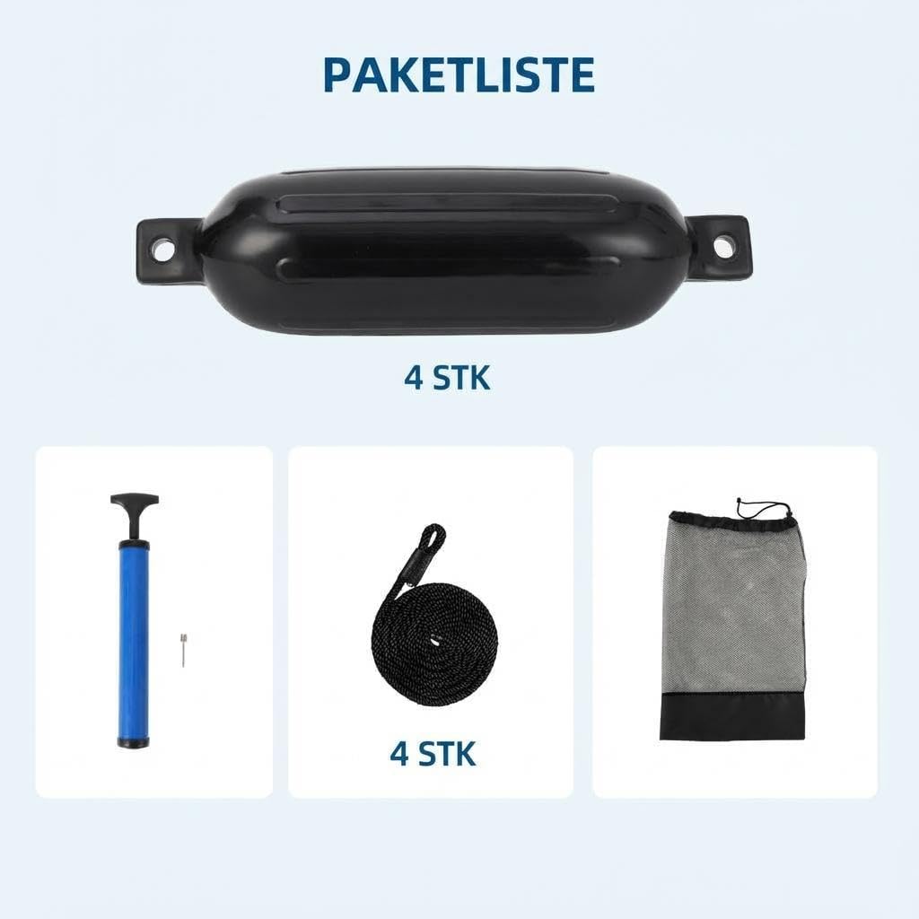 Garvee 4er Set Bootsfender Aufblasbar Mit Seilen, Luftpumpe & Tasche – Fender Für Boote 10–37 ft, Boot Puffer Anlegeschutz Für Yacht, Angelboot & Dock, Schwarz