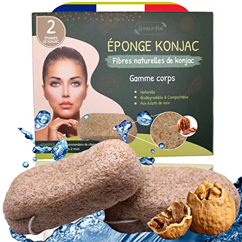 Eponge konjac corps peau sensible eclats de noix XXL - Lot 2 pcs - Haute qualite -Soin acne Exfoliation et nettoyage en profondeur des pores de la peau - Soins Vegetale Naturelle Exfoliante Nettoyante Cover