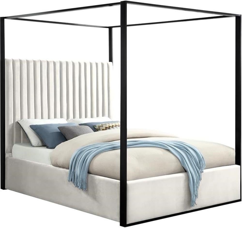 Meridian Furniture JaxCream-Q Jax Collection Modern | Contemporary Velvet Upholstered Queen Bed, Cream Velvet, Deep Channel Tufting, Matte Black Steel Canopy, 66.5" W x 86.5" D x 78.5" H, Cream, Queen