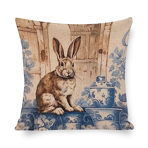 Pillowcase Rustic Blue Dutch Rabbit Throw Pillow Covers Vintage Farmhouse Bunny Pillowcover 18"x18" Home Sofa Decor Pillowcase Suitable for Sofa Bedroom Living Room Bay Window Office Car Home Decor