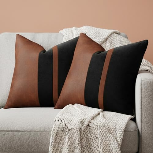 Vfuty Set of 2 Vintage Brown Leather & Black Velvet Throw Pillow Covers – 18x18 Soft Luxurious Modern Retro Pillow Cases for Sofa Bed Car Office, Versatile Home Decor