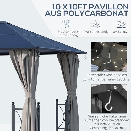 Outsunny paviljoen tuinpaviljoen met zijdelen partytent dak aluminium bruin 300 x 300 x 263 m - Afbeelding 4