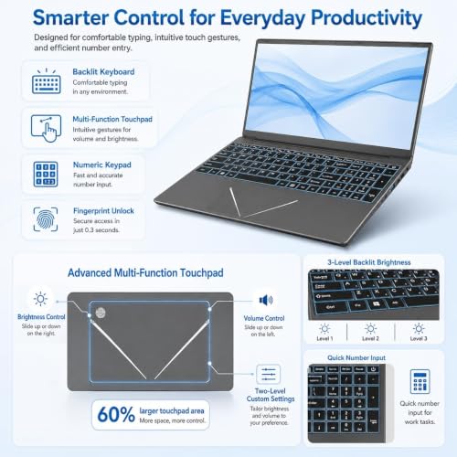 Image of 15,6 inch Laptop 16GB RAM 512GB SSD Celeron N5095 Quad-Core, Laptop Computer Support Fingerprint, Backlit Keyboard, 180Viewing, WiFi5, Bluetooth4.2, USB3.0, Notebook PC for Business & Students