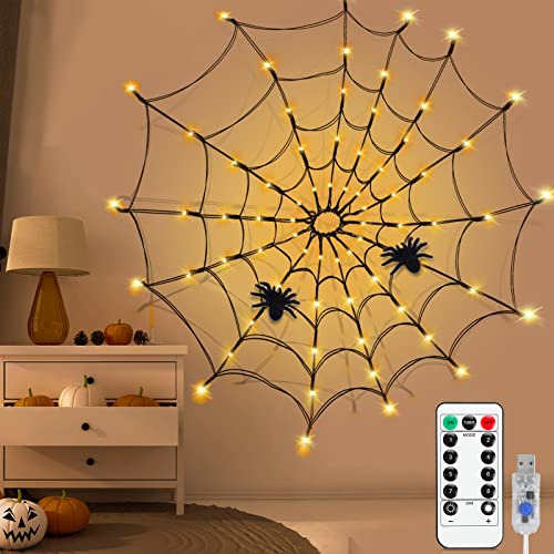 Jopassy Luces de araña, luces de Halloween, 70 LED, luz de telaraña con 2 arañas negras y 8 modos, mando a distancia, con conexión USB, para interiores y exteriores, decoración (blanco cálido) Cover