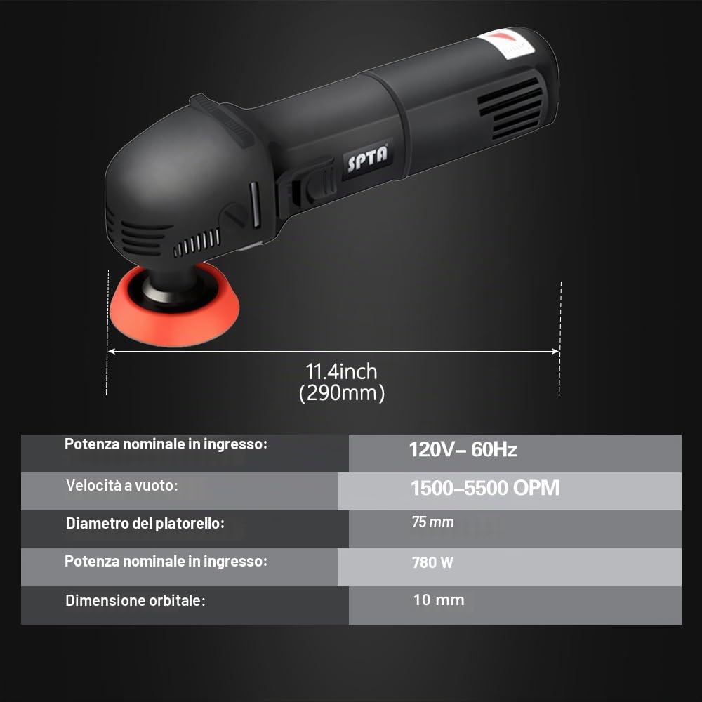 Lucidatrice Auto, SPTA 780W Lucidatrice per Auto, 6 Velocità variabili, 27 Tamponi di lucidatura 25mm/50mm/80mm e Vari Accessori, Impugnatura Morbida e Staccabile | HROMPS3AC